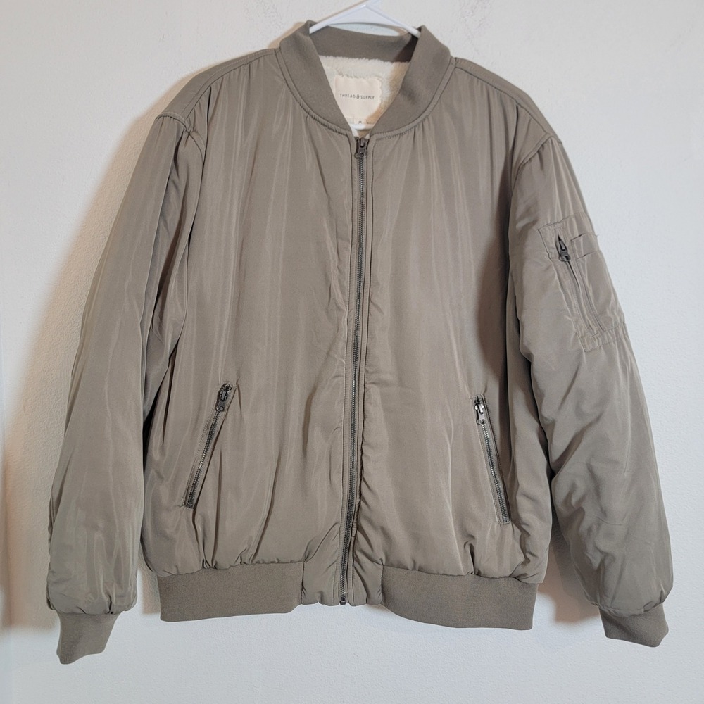 Thread & Supply Mens Smokey Taupe Faux Shearling Lined‎ Bomber Jacket Medium NEW